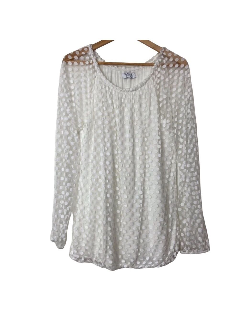 Via Vitale Italy blouse sweater sheer jersey liner white dots scoop neck size XL